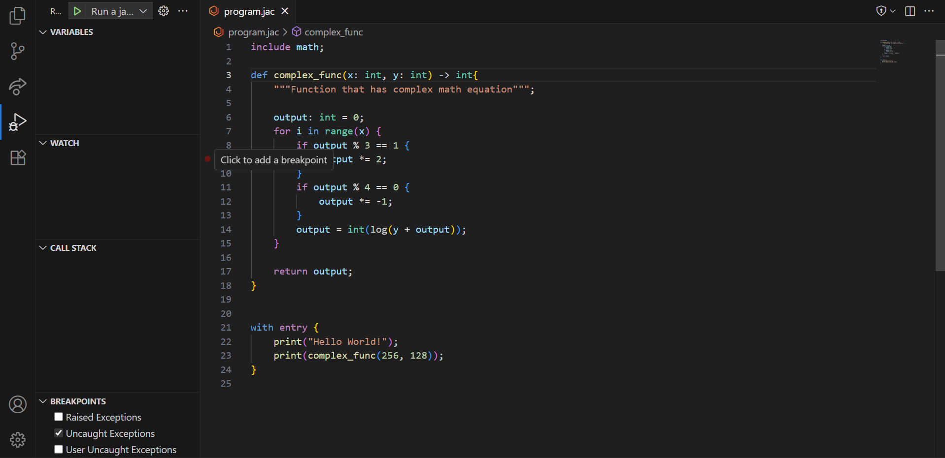 Example of setting breakpoint